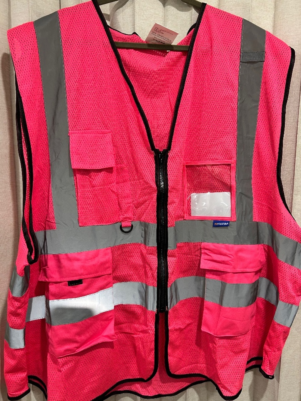 AYKRM Hi-Vis Pink Mesh Safety Vest Gray Reflective Zip Pockets ID Holder 6-8XL